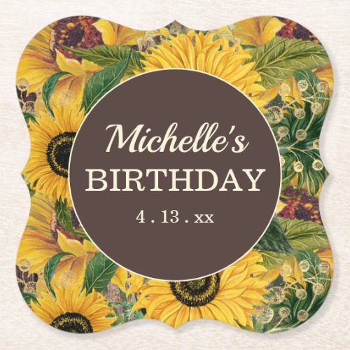 Yellow Brown Sunflowers Birthday Party Paper Coaster