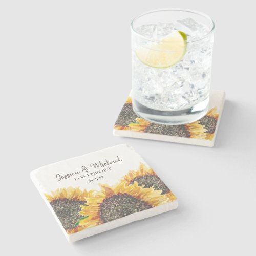 Yellow Brown Sunflowers Bride Groom Wedding Stone Coaster