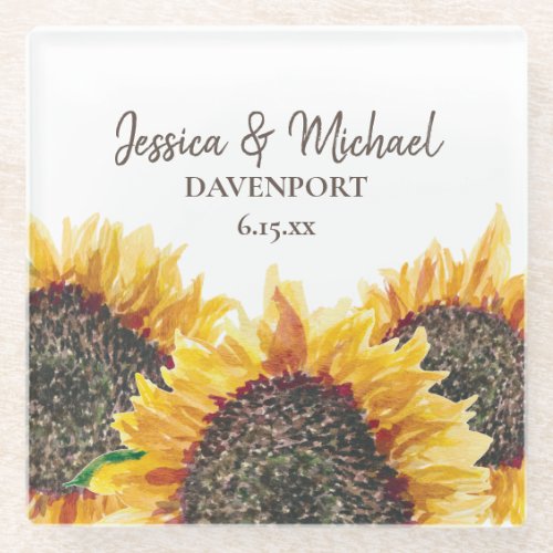 Yellow Brown Sunflowers White Wedding Names Date Glass Coaster