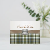 Yellow brown tartan pattern Save the Date Postcard (Standing Front)