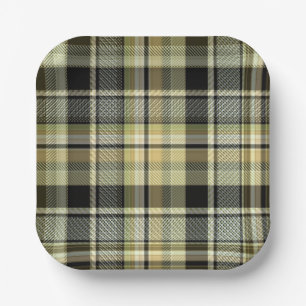 Yellow-brown tartan plaid.  paper plates