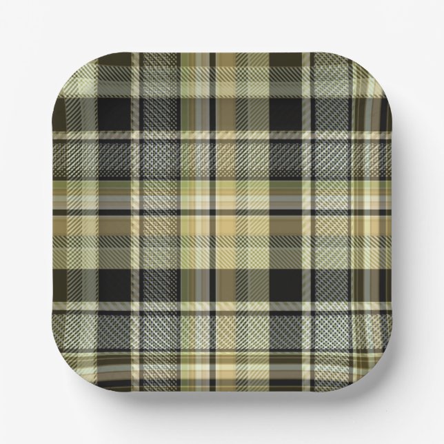 Yellow-brown tartan plaid.  paper plates (Front)