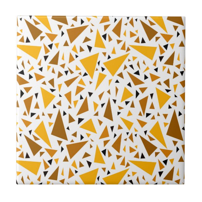 Yellow brown triangles on white retro background ceramic tile (Front)
