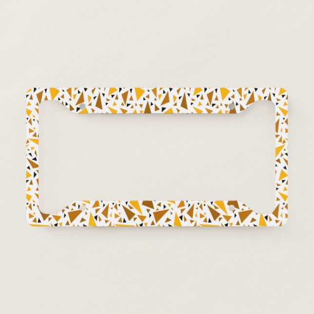 Yellow brown triangles on white retro background license plate frame (Front)