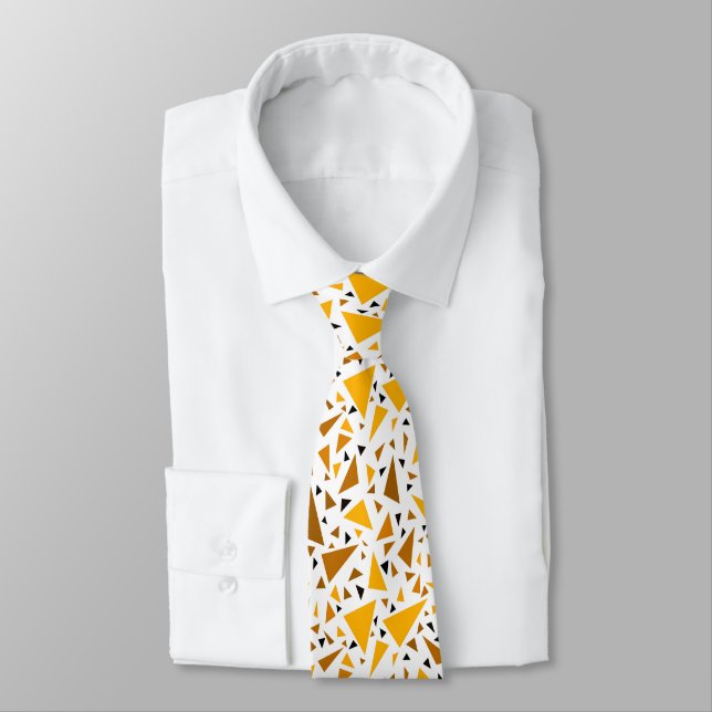 Yellow brown triangles on white retro background neck tie (Tied)