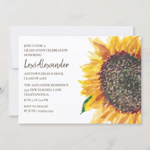 Yellow Brown Watercolor Sunflower Graduation Party Invitation