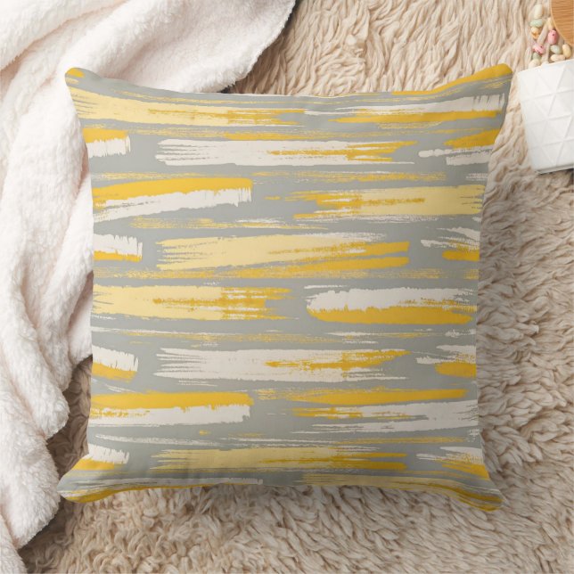 Yellow brushstrokes on Gray Abstract Pattern Throw Pillow (Blanket)