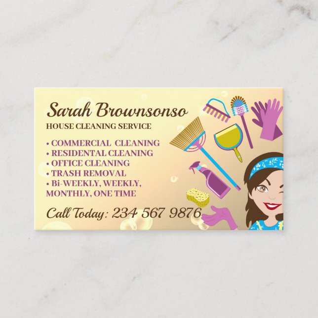 Yellow Bubble Janitorial House Cleaning Service Business Card (Front)