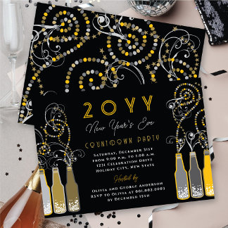 Yellow Bubbly Bottles Swirls New Year's Eve Party Invitation