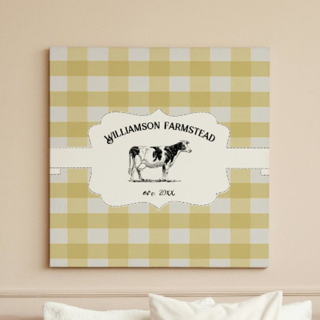 Yellow Buffalo Plaid Farm Cow Canvas Print (Yellow Buffalo Plaid Farm Cow Canvas Print)