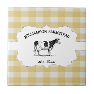 Yellow Buffalo Plaid Farm Cow Decorative Ceramic Tile