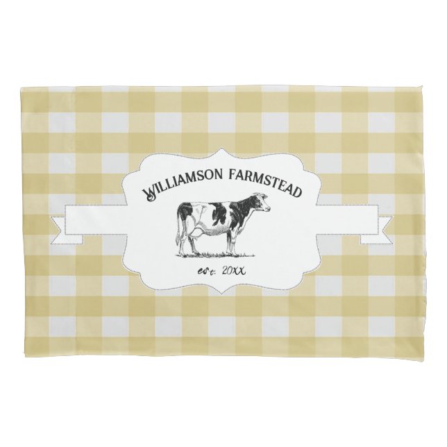 Yellow Buffalo Plaid Farm Cow Pillow Case (Front)