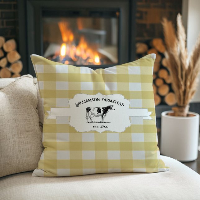 Yellow Buffalo Plaid Farm Cow Throw Pillow (Yellow Buffalo Plaid Farm Cow Throw Pillow)