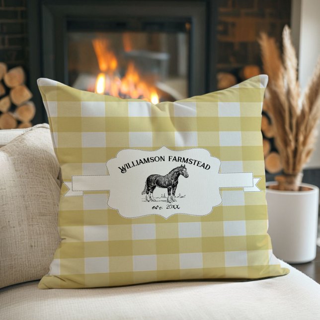 Yellow Buffalo Plaid Farm Horse Throw Pillow (Yellow Buffalo Plaid Farm Horse Throw Pillow)