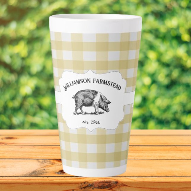 Yellow Buffalo Plaid Farm Pig Latte Mug (Yellow Buffalo Plaid Farm Pig Personalized Latte Mug)