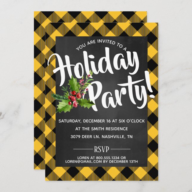 Yellow Buffalo Plaid  Holiday Party Invite (Front/Back)