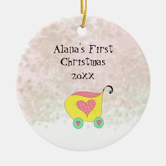 Yellow Buggy Babys First Christmas Ceramic Ornament (Front)