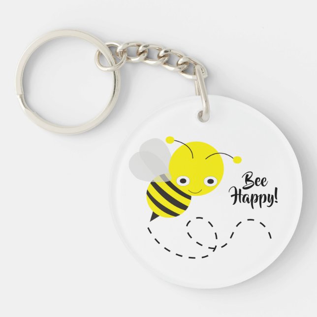 Yellow Bumble Bee, Bee Happy! Keychain (Front)