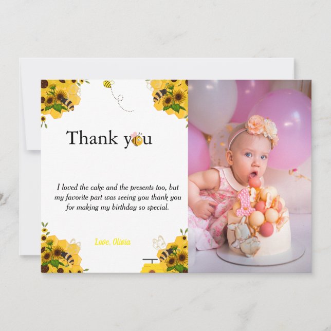 Yellow bumble bee birthday thank you card (Front)