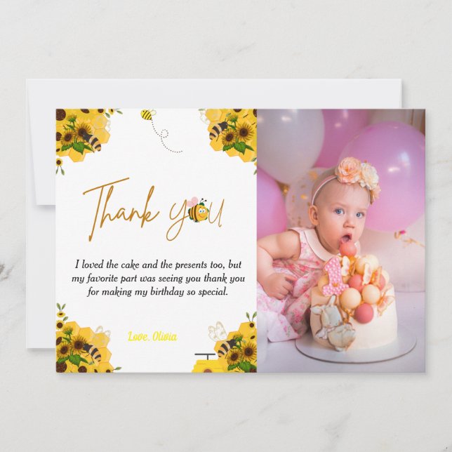 Yellow bumble bee  birthday thank you card (Front)