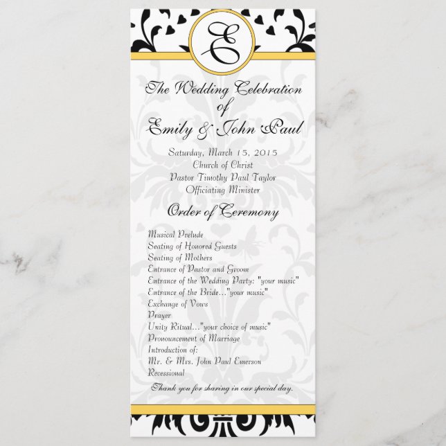 Yellow Bumble Bee Black Damask Wedding Program (Front)