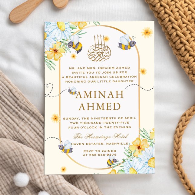 Yellow Bumble Bee Islamic Neutral Aqiqa Aqeeqa  Invitation (Creator Uploaded)