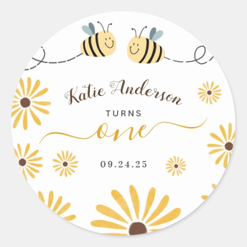 Yellow Bumblebee and Sunflowers First Birthay Classic Round Sticker