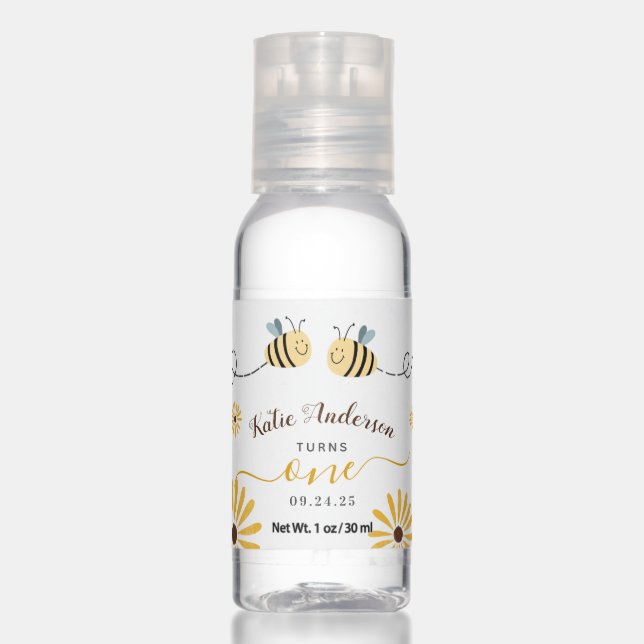 Yellow Bumblebee and Sunflowers First Birthay Hand Sanitizer (Front)