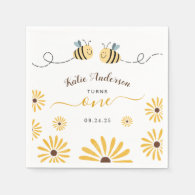 Yellow Bumblebee and Sunflowers First Birthay Napkins