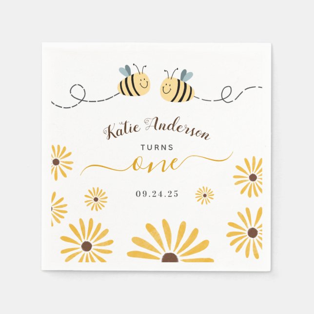 Yellow Bumblebee and Sunflowers First Birthay Napkins (Front)