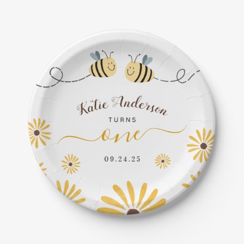 Yellow Bumblebee and Sunflowers First Birthay Paper Plates