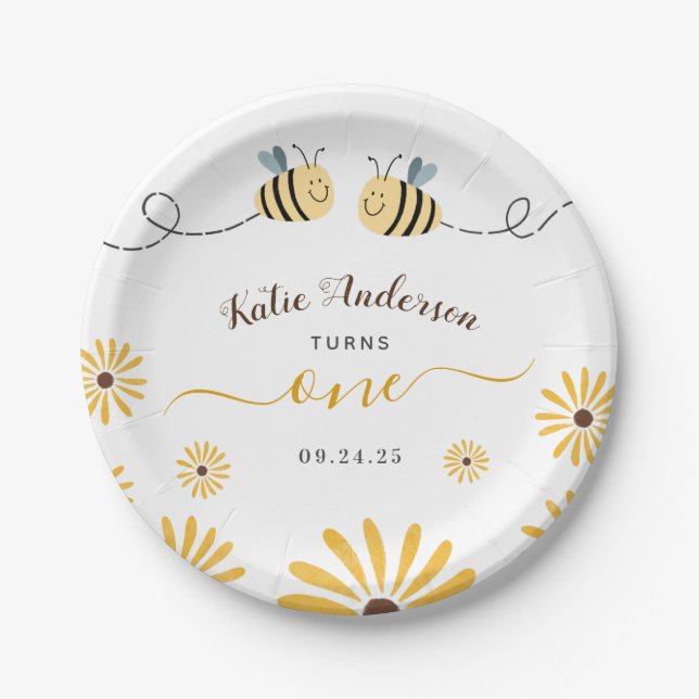 Yellow Bumblebee and Sunflowers First Birthay Paper Plates (Front)