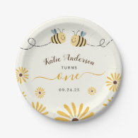 Yellow Bumblebee and Sunflowers First Birthay Paper Plates