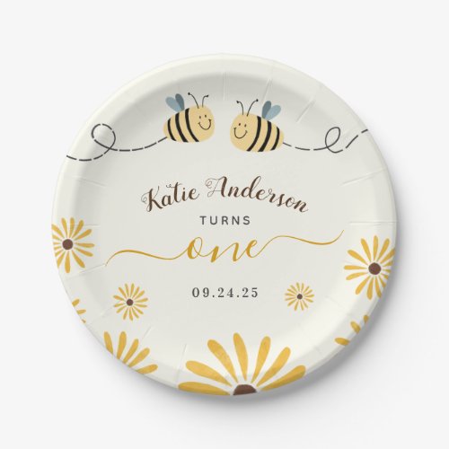 Yellow Bumblebee and Sunflowers First Birthay Paper Plates