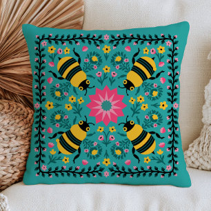 Yellow Bumblebees on Blue Floral Cottagecore Throw Pillow