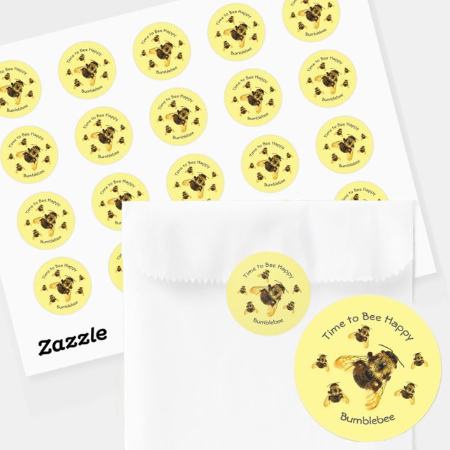 Yellow Bumblebees Time to Bee Happy Customizable Classic Round Sticker (Creator Uploaded)