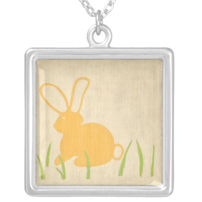 Yellow Bunny and Green Grass by Chariklia Zarris Silver Plated Necklace (Front)