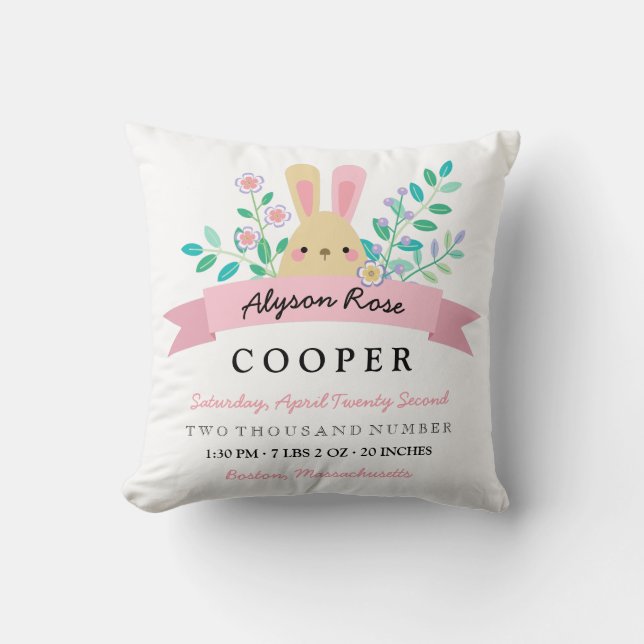 Yellow Bunny & Flowers Pretty Birth Stats Throw Pillow (Front)
