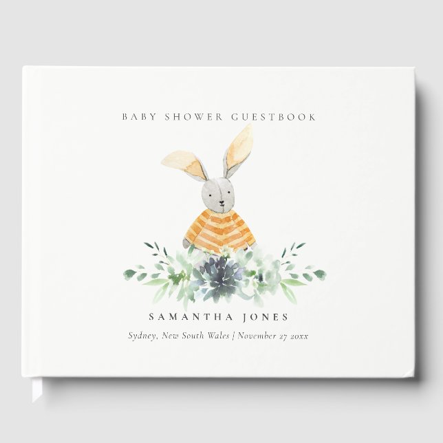 Yellow Bunny Garden Succulent Foliage Baby Shower Guest Book (Front)