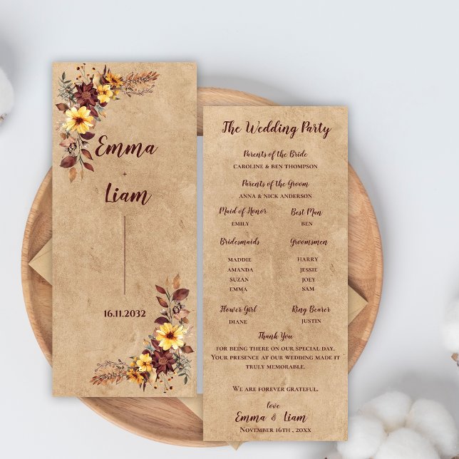 Yellow Burgundy Autumn Floral Wedding Program Card (Yellow Burgundy Autumn Floral Wedding Program Card)