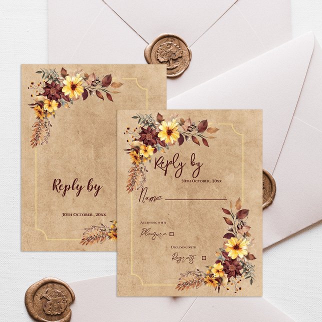 Yellow & Burgundy Floral Autumn Fall Wedding RSVP Card (Yellow & Burgundy Floral Autumn Fall Wedding RSVP Card)