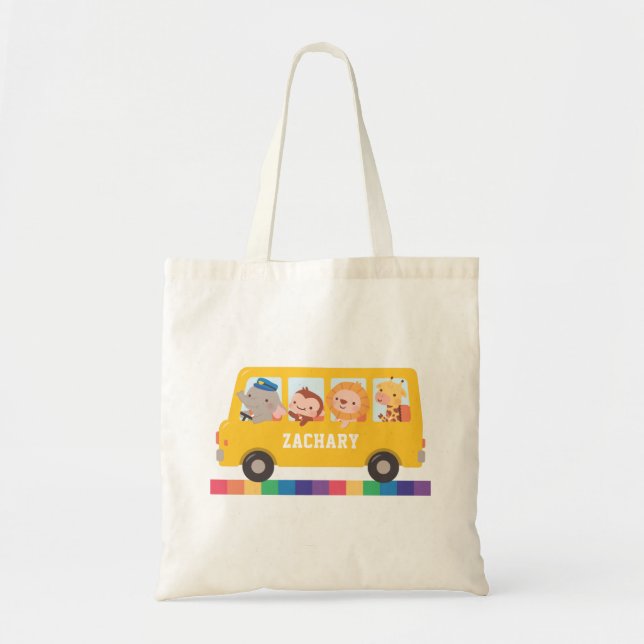 Yellow Bus And Cute Animals Kids Personalized Tote Bag (Front)