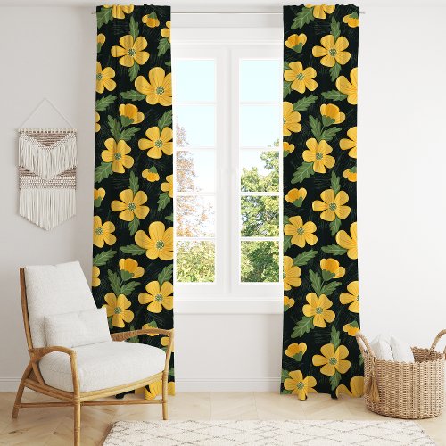 Yellow Buttercup Floral Pattern Blackout Curtains