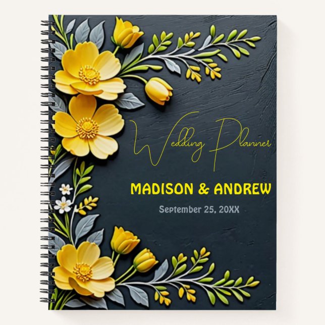 Yellow buttercup flower and gray wedding notebook (Front)