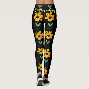 Yellow Buttercup Flower Floral Pattern Black Yoga Leggings
