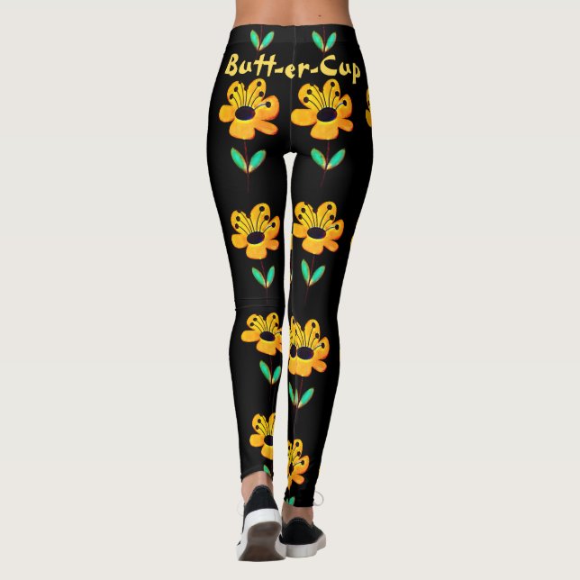 Yellow Buttercup Flower Floral Pattern Black Yoga Leggings (Back)