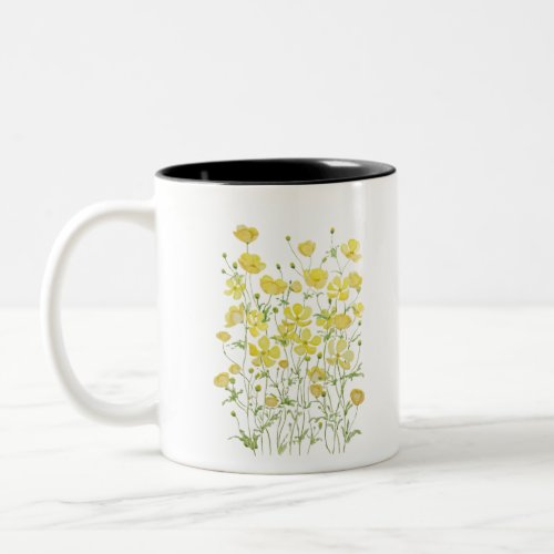 yellow buttercup flowers field watercolor Two_Tone coffee mug