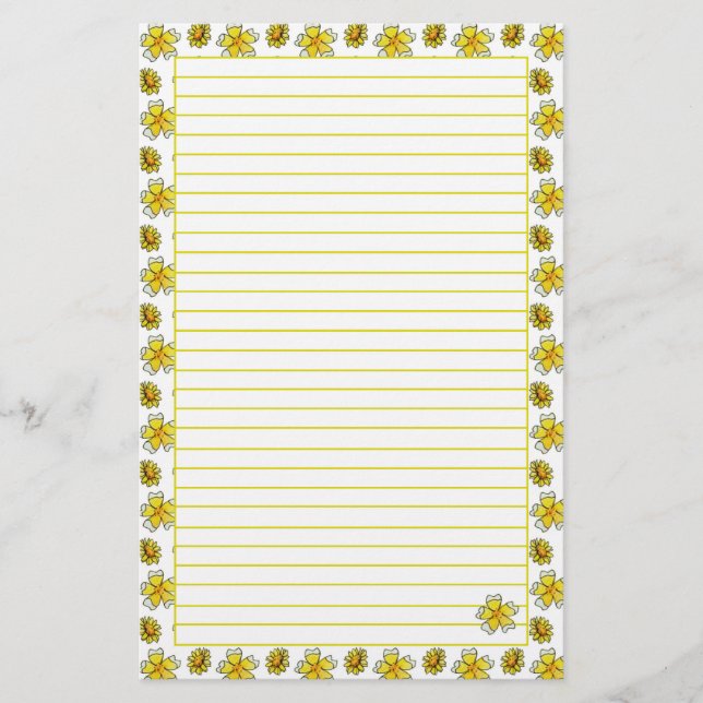 Yellow Buttercup Watercolor Painted Flowers Lined Stationery (Front)