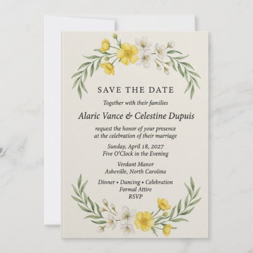Yellow Buttercup & White Wildflower Elegant Save Invitation
