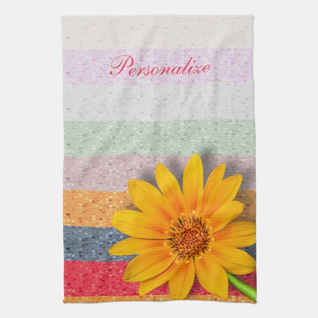 Yellow Buttercup with Pastel Stripes Personalize Kitchen Towel (Vertical)